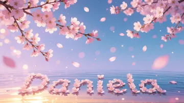 Daniela horizontal diseño 9 - Composición serena y onírica con ramas de cerezo en flor (sakura) en la parte superior contra un cielo en degradado de azul suave y lila. Pétalos de color rosa pastel flotan delicadamente en el aire cayendo hacia una superficie de agua tranquila y cristalina. En el centro inferior, el nombre está formado por pétalos de flores con un sutil efecto de relieve 3D y tipografía floral, reflejándose sobre el agua que está iluminada por un cálido destello dorado de luz solar en la esquina inferior derecha.