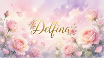 Delfina horizontal diseño 10 - Diseño estilo acuarela con un fondo etéreo y texturizado en nubes de tonos rosa pastel y lila suave. Presenta composiciones de rosas abiertas y capullos en los bordes inferior y superior, con pétalos cayendo delicadamente. Incorpora destellos de luz cálida (efecto bokeh) y, en el centro, resalta una tipografía elegante, cursiva y fluida en color dorado.