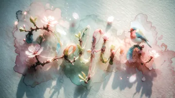 Delfina horizontal diseño 11 - Un delicado diseño de estilo acuarela digital que combina una tipografía de caligrafía personalizada para el nombre en tonos dorados y rosados suaves, adornada con pequeñas hojas y brotes. Un pajarito azul y naranja vibrante está posado en una de las letras. Todo está rodeado por un marco circular de ramas de cerezo en flor con delicadas flores rosadas y blancas. El fondo es un lavado de acuarela difuminado en tonos pastel suaves de azul cerceta, rosa rubor y melocotón sobre una textura de papel rugoso, con destellos luminosos y motas de luz bokeh flotando alrededor, creando una atmósfera mágica y soñadora. Las sombras suaves proyectadas añaden profundidad.
