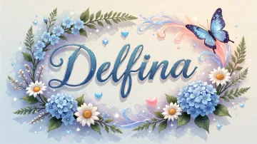 Delfina horizontal diseño 4 - Composición magica con nombre en letra cursiva azul, rodeado de hortensias azules, margaritas blancas y delicadas flores silvestres, enmarcado por suaves remolinos de agua, mariposas azules y destellos estelares sobre un fondo etéreo y romántico.