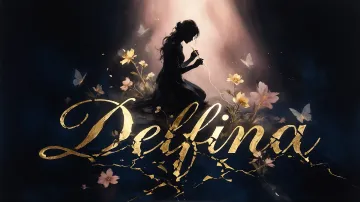 Delfina horizontal diseño 6 - Composición de ilustración semirrealista cinematográfica con silueta femenina tejiendo un hilo dorado de luz sobre un suelo oscuro fracturado al estilo Kintsugi, donde el nombre resalta en un prominente guión caligráfico dorado que emerge de las grietas, rodeado de flores blancas, mariposas y un fondo degradado de azules profundos iluminado por una luz celestial en tonos melocotón y crema, con una frase de aliento en tipografía blanca en la parte inferior.