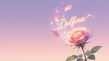 Delfina horizontal diseño 8 - Fondo de Pantalla con degradado suave que transiciona de lila en la parte superior a melocotón y rosa pastel en la base, destacando una rosa rosada hiperrealista con tallo y hojas verdes. El nombre brilla en tipografía cursiva con efecto neón cálido, adornado con pétalos cayendo y chispas de luz mágica.