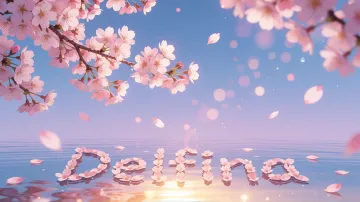 Delfina horizontal diseño 9 - Composición serena y onírica con ramas de cerezo en flor (sakura) en la parte superior contra un cielo en degradado de azul suave y lila. Pétalos de color rosa pastel flotan delicadamente en el aire cayendo hacia una superficie de agua tranquila y cristalina. En el centro inferior, el nombre está formado por pétalos de flores con un sutil efecto de relieve 3D y tipografía floral, reflejándose sobre el agua que está iluminada por un cálido destello dorado de luz solar en la esquina inferior derecha.