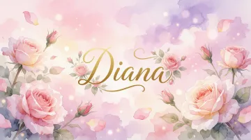 Diana horizontal diseño 10 - Diseño estilo acuarela con un fondo etéreo y texturizado en nubes de tonos rosa pastel y lila suave. Presenta composiciones de rosas abiertas y capullos en los bordes inferior y superior, con pétalos cayendo delicadamente. Incorpora destellos de luz cálida (efecto bokeh) y, en el centro, resalta una tipografía elegante, cursiva y fluida en color dorado.