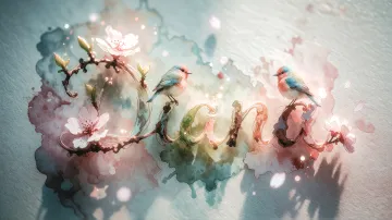 Diana horizontal diseño 11 - Un delicado diseño de estilo acuarela digital que combina una tipografía de caligrafía personalizada para el nombre en tonos dorados y rosados suaves, adornada con pequeñas hojas y brotes. Un pajarito azul y naranja vibrante está posado en una de las letras. Todo está rodeado por un marco circular de ramas de cerezo en flor con delicadas flores rosadas y blancas. El fondo es un lavado de acuarela difuminado en tonos pastel suaves de azul cerceta, rosa rubor y melocotón sobre una textura de papel rugoso, con destellos luminosos y motas de luz bokeh flotando alrededor, creando una atmósfera mágica y soñadora. Las sombras suaves proyectadas añaden profundidad.