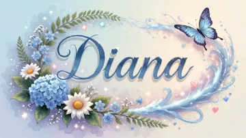 Diana horizontal diseño 4 - Composición magica con nombre en letra cursiva azul, rodeado de hortensias azules, margaritas blancas y delicadas flores silvestres, enmarcado por suaves remolinos de agua, mariposas azules y destellos estelares sobre un fondo etéreo y romántico.