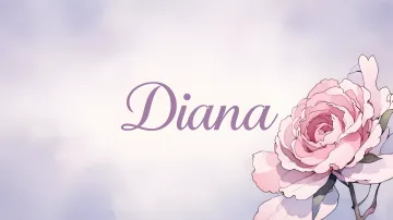 Diana horizontal diseño 5 - Nombre en elegante tipografía cursiva caligráfica en tono lavanda, sobre fondo acuarela de cielo nublado en tonos pastel (azul, blanco, lavanda), decorado con rosa en acuarela de pétalos rosa pálido, blanco crema y lilas suaves con hojas en gris-verde.