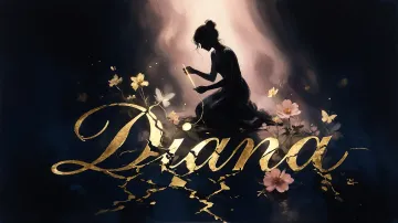 Diana horizontal diseño 6 - Composición de ilustración semirrealista cinematográfica con silueta femenina tejiendo un hilo dorado de luz sobre un suelo oscuro fracturado al estilo Kintsugi, donde el nombre resalta en un prominente guión caligráfico dorado que emerge de las grietas, rodeado de flores blancas, mariposas y un fondo degradado de azules profundos iluminado por una luz celestial en tonos melocotón y crema, con una frase de aliento en tipografía blanca en la parte inferior.