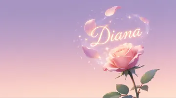 Diana horizontal diseño 8 - Fondo de Pantalla con degradado suave que transiciona de lila en la parte superior a melocotón y rosa pastel en la base, destacando una rosa rosada hiperrealista con tallo y hojas verdes. El nombre brilla en tipografía cursiva con efecto neón cálido, adornado con pétalos cayendo y chispas de luz mágica.