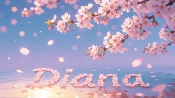 Diana horizontal diseño 9 - Composición serena y onírica con ramas de cerezo en flor (sakura) en la parte superior contra un cielo en degradado de azul suave y lila. Pétalos de color rosa pastel flotan delicadamente en el aire cayendo hacia una superficie de agua tranquila y cristalina. En el centro inferior, el nombre está formado por pétalos de flores con un sutil efecto de relieve 3D y tipografía floral, reflejándose sobre el agua que está iluminada por un cálido destello dorado de luz solar en la esquina inferior derecha.