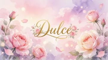 Dulce horizontal diseño 10 - Diseño estilo acuarela con un fondo etéreo y texturizado en nubes de tonos rosa pastel y lila suave. Presenta composiciones de rosas abiertas y capullos en los bordes inferior y superior, con pétalos cayendo delicadamente. Incorpora destellos de luz cálida (efecto bokeh) y, en el centro, resalta una tipografía elegante, cursiva y fluida en color dorado.