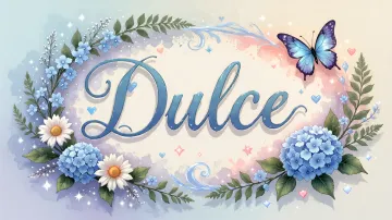 Dulce horizontal diseño 4 - Composición magica con nombre en letra cursiva azul, rodeado de hortensias azules, margaritas blancas y delicadas flores silvestres, enmarcado por suaves remolinos de agua, mariposas azules y destellos estelares sobre un fondo etéreo y romántico.