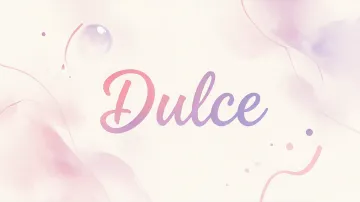 Dulce horizontal diseño 7 - Diseño abstracto en acuarela sobre fondo crema, con manchas fluidas y etéreas en rosa pastel y lila, líneas curvas que aportan movimiento, pequeñas gotas salpicadas cayendo verticalmente y una burbuja translúcida en la parte superior izquierda. El nombre resalta al centro con una tipografía cursiva amplia y elegante en degradado rosa a morado.