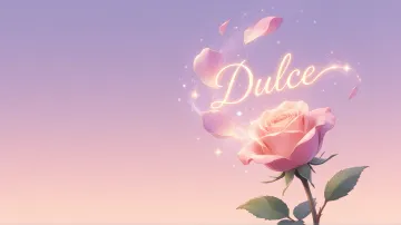 Dulce horizontal diseño 8 - Fondo de Pantalla con degradado suave que transiciona de lila en la parte superior a melocotón y rosa pastel en la base, destacando una rosa rosada hiperrealista con tallo y hojas verdes. El nombre brilla en tipografía cursiva con efecto neón cálido, adornado con pétalos cayendo y chispas de luz mágica.