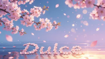 Dulce horizontal diseño 9 - Composición serena y onírica con ramas de cerezo en flor (sakura) en la parte superior contra un cielo en degradado de azul suave y lila. Pétalos de color rosa pastel flotan delicadamente en el aire cayendo hacia una superficie de agua tranquila y cristalina. En el centro inferior, el nombre está formado por pétalos de flores con un sutil efecto de relieve 3D y tipografía floral, reflejándose sobre el agua que está iluminada por un cálido destello dorado de luz solar en la esquina inferior derecha.