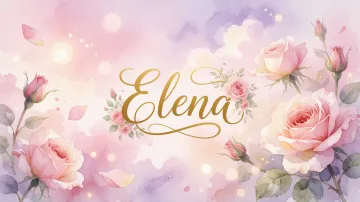 Elena horizontal diseño 10 - Diseño estilo acuarela con un fondo etéreo y texturizado en nubes de tonos rosa pastel y lila suave. Presenta composiciones de rosas abiertas y capullos en los bordes inferior y superior, con pétalos cayendo delicadamente. Incorpora destellos de luz cálida (efecto bokeh) y, en el centro, resalta una tipografía elegante, cursiva y fluida en color dorado.