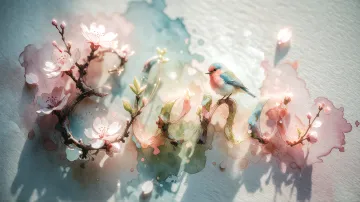 Elena horizontal diseño 11 - Un delicado diseño de estilo acuarela digital que combina una tipografía de caligrafía personalizada para el nombre en tonos dorados y rosados suaves, adornada con pequeñas hojas y brotes. Un pajarito azul y naranja vibrante está posado en una de las letras. Todo está rodeado por un marco circular de ramas de cerezo en flor con delicadas flores rosadas y blancas. El fondo es un lavado de acuarela difuminado en tonos pastel suaves de azul cerceta, rosa rubor y melocotón sobre una textura de papel rugoso, con destellos luminosos y motas de luz bokeh flotando alrededor, creando una atmósfera mágica y soñadora. Las sombras suaves proyectadas añaden profundidad.