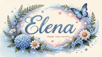 Elena horizontal diseño 4 - Composición magica con nombre en letra cursiva azul, rodeado de hortensias azules, margaritas blancas y delicadas flores silvestres, enmarcado por suaves remolinos de agua, mariposas azules y destellos estelares sobre un fondo etéreo y romántico.