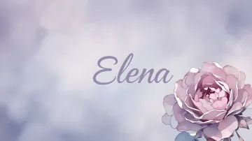 Elena horizontal diseño 5 - Nombre en elegante tipografía cursiva caligráfica en tono lavanda, sobre fondo acuarela de cielo nublado en tonos pastel (azul, blanco, lavanda), decorado con rosa en acuarela de pétalos rosa pálido, blanco crema y lilas suaves con hojas en gris-verde.