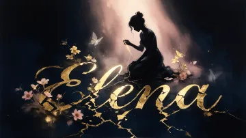 Elena horizontal diseño 6 - Composición de ilustración semirrealista cinematográfica con silueta femenina tejiendo un hilo dorado de luz sobre un suelo oscuro fracturado al estilo Kintsugi, donde el nombre resalta en un prominente guión caligráfico dorado que emerge de las grietas, rodeado de flores blancas, mariposas y un fondo degradado de azules profundos iluminado por una luz celestial en tonos melocotón y crema, con una frase de aliento en tipografía blanca en la parte inferior.