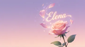 Elena horizontal diseño 8 - Fondo de Pantalla con degradado suave que transiciona de lila en la parte superior a melocotón y rosa pastel en la base, destacando una rosa rosada hiperrealista con tallo y hojas verdes. El nombre brilla en tipografía cursiva con efecto neón cálido, adornado con pétalos cayendo y chispas de luz mágica.