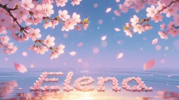 Elena horizontal diseño 9 - Composición serena y onírica con ramas de cerezo en flor (sakura) en la parte superior contra un cielo en degradado de azul suave y lila. Pétalos de color rosa pastel flotan delicadamente en el aire cayendo hacia una superficie de agua tranquila y cristalina. En el centro inferior, el nombre está formado por pétalos de flores con un sutil efecto de relieve 3D y tipografía floral, reflejándose sobre el agua que está iluminada por un cálido destello dorado de luz solar en la esquina inferior derecha.