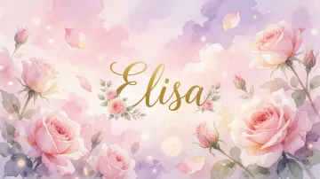 Elisa horizontal diseño 10 - Diseño estilo acuarela con un fondo etéreo y texturizado en nubes de tonos rosa pastel y lila suave. Presenta composiciones de rosas abiertas y capullos en los bordes inferior y superior, con pétalos cayendo delicadamente. Incorpora destellos de luz cálida (efecto bokeh) y, en el centro, resalta una tipografía elegante, cursiva y fluida en color dorado.
