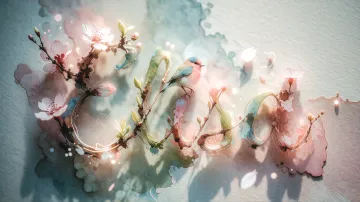 Elisa horizontal diseño 11 - Un delicado diseño de estilo acuarela digital que combina una tipografía de caligrafía personalizada para el nombre en tonos dorados y rosados suaves, adornada con pequeñas hojas y brotes. Un pajarito azul y naranja vibrante está posado en una de las letras. Todo está rodeado por un marco circular de ramas de cerezo en flor con delicadas flores rosadas y blancas. El fondo es un lavado de acuarela difuminado en tonos pastel suaves de azul cerceta, rosa rubor y melocotón sobre una textura de papel rugoso, con destellos luminosos y motas de luz bokeh flotando alrededor, creando una atmósfera mágica y soñadora. Las sombras suaves proyectadas añaden profundidad.