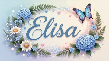 Elisa horizontal diseño 4 - Composición magica con nombre en letra cursiva azul, rodeado de hortensias azules, margaritas blancas y delicadas flores silvestres, enmarcado por suaves remolinos de agua, mariposas azules y destellos estelares sobre un fondo etéreo y romántico.