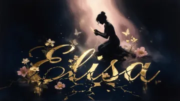 Elisa horizontal diseño 6 - Composición de ilustración semirrealista cinematográfica con silueta femenina tejiendo un hilo dorado de luz sobre un suelo oscuro fracturado al estilo Kintsugi, donde el nombre resalta en un prominente guión caligráfico dorado que emerge de las grietas, rodeado de flores blancas, mariposas y un fondo degradado de azules profundos iluminado por una luz celestial en tonos melocotón y crema, con una frase de aliento en tipografía blanca en la parte inferior.