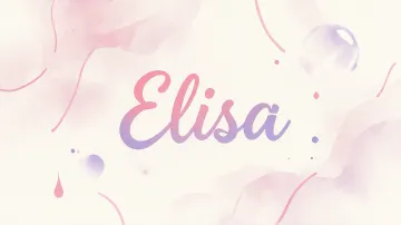 Elisa horizontal diseño 7 - Diseño abstracto en acuarela sobre fondo crema, con manchas fluidas y etéreas en rosa pastel y lila, líneas curvas que aportan movimiento, pequeñas gotas salpicadas cayendo verticalmente y una burbuja translúcida en la parte superior izquierda. El nombre resalta al centro con una tipografía cursiva amplia y elegante en degradado rosa a morado.
