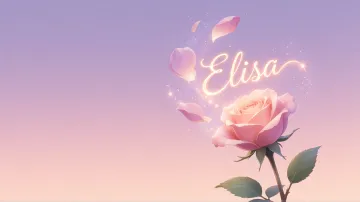 Elisa horizontal diseño 8 - Fondo de Pantalla con degradado suave que transiciona de lila en la parte superior a melocotón y rosa pastel en la base, destacando una rosa rosada hiperrealista con tallo y hojas verdes. El nombre brilla en tipografía cursiva con efecto neón cálido, adornado con pétalos cayendo y chispas de luz mágica.