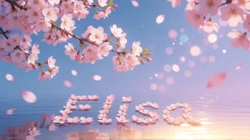 Elisa horizontal diseño 9 - Composición serena y onírica con ramas de cerezo en flor (sakura) en la parte superior contra un cielo en degradado de azul suave y lila. Pétalos de color rosa pastel flotan delicadamente en el aire cayendo hacia una superficie de agua tranquila y cristalina. En el centro inferior, el nombre está formado por pétalos de flores con un sutil efecto de relieve 3D y tipografía floral, reflejándose sobre el agua que está iluminada por un cálido destello dorado de luz solar en la esquina inferior derecha.