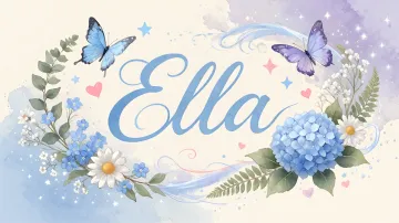Ella horizontal diseño 1 - Hortensias azules, flores pequeñas y acuarela suave con mariposas azules y brillo etéreo