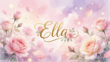 Ella horizontal diseño 10 - Diseño estilo acuarela con un fondo etéreo y texturizado en nubes de tonos rosa pastel y lila suave. Presenta composiciones de rosas abiertas y capullos en los bordes inferior y superior, con pétalos cayendo delicadamente. Incorpora destellos de luz cálida (efecto bokeh) y, en el centro, resalta una tipografía elegante, cursiva y fluida en color dorado.