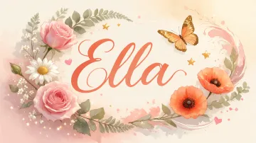 Ella horizontal diseño 3 - Elegante composición de rosas rosadas y amapolas naranjas con mariposas doradas brillantes sobre un fondo cálido, romántico y mágico.