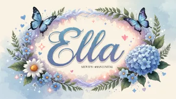 Ella horizontal diseño 4 - Composición magica con nombre en letra cursiva azul, rodeado de hortensias azules, margaritas blancas y delicadas flores silvestres, enmarcado por suaves remolinos de agua, mariposas azules y destellos estelares sobre un fondo etéreo y romántico.