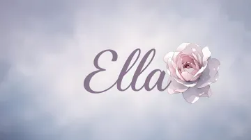 Ella horizontal diseño 5 - Nombre en elegante tipografía cursiva caligráfica en tono lavanda, sobre fondo acuarela de cielo nublado en tonos pastel (azul, blanco, lavanda), decorado con rosa en acuarela de pétalos rosa pálido, blanco crema y lilas suaves con hojas en gris-verde.