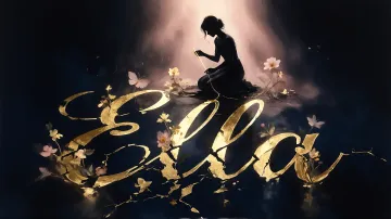 Ella horizontal diseño 6 - Composición de ilustración semirrealista cinematográfica con silueta femenina tejiendo un hilo dorado de luz sobre un suelo oscuro fracturado al estilo Kintsugi, donde el nombre resalta en un prominente guión caligráfico dorado que emerge de las grietas, rodeado de flores blancas, mariposas y un fondo degradado de azules profundos iluminado por una luz celestial en tonos melocotón y crema, con una frase de aliento en tipografía blanca en la parte inferior.
