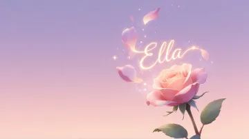 Ella horizontal diseño 8 - Fondo de Pantalla con degradado suave que transiciona de lila en la parte superior a melocotón y rosa pastel en la base, destacando una rosa rosada hiperrealista con tallo y hojas verdes. El nombre brilla en tipografía cursiva con efecto neón cálido, adornado con pétalos cayendo y chispas de luz mágica.