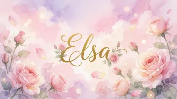 Elsa horizontal diseño 10 - Diseño estilo acuarela con un fondo etéreo y texturizado en nubes de tonos rosa pastel y lila suave. Presenta composiciones de rosas abiertas y capullos en los bordes inferior y superior, con pétalos cayendo delicadamente. Incorpora destellos de luz cálida (efecto bokeh) y, en el centro, resalta una tipografía elegante, cursiva y fluida en color dorado.