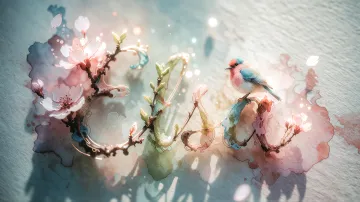 Elsa horizontal diseño 11 - Un delicado diseño de estilo acuarela digital que combina una tipografía de caligrafía personalizada para el nombre en tonos dorados y rosados suaves, adornada con pequeñas hojas y brotes. Un pajarito azul y naranja vibrante está posado en una de las letras. Todo está rodeado por un marco circular de ramas de cerezo en flor con delicadas flores rosadas y blancas. El fondo es un lavado de acuarela difuminado en tonos pastel suaves de azul cerceta, rosa rubor y melocotón sobre una textura de papel rugoso, con destellos luminosos y motas de luz bokeh flotando alrededor, creando una atmósfera mágica y soñadora. Las sombras suaves proyectadas añaden profundidad.