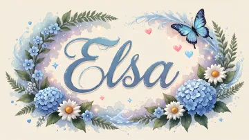 Elsa horizontal diseño 4 - Composición magica con nombre en letra cursiva azul, rodeado de hortensias azules, margaritas blancas y delicadas flores silvestres, enmarcado por suaves remolinos de agua, mariposas azules y destellos estelares sobre un fondo etéreo y romántico.