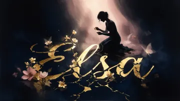 Elsa horizontal diseño 6 - Composición de ilustración semirrealista cinematográfica con silueta femenina tejiendo un hilo dorado de luz sobre un suelo oscuro fracturado al estilo Kintsugi, donde el nombre resalta en un prominente guión caligráfico dorado que emerge de las grietas, rodeado de flores blancas, mariposas y un fondo degradado de azules profundos iluminado por una luz celestial en tonos melocotón y crema, con una frase de aliento en tipografía blanca en la parte inferior.