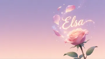 Elsa horizontal diseño 8 - Fondo de Pantalla con degradado suave que transiciona de lila en la parte superior a melocotón y rosa pastel en la base, destacando una rosa rosada hiperrealista con tallo y hojas verdes. El nombre brilla en tipografía cursiva con efecto neón cálido, adornado con pétalos cayendo y chispas de luz mágica.