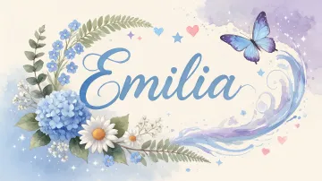 Emilia horizontal diseño 1 - Hortensias azules, flores pequeñas y acuarela suave con mariposas azules y brillo etéreo