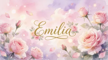 Emilia horizontal diseño 10 - Diseño estilo acuarela con un fondo etéreo y texturizado en nubes de tonos rosa pastel y lila suave. Presenta composiciones de rosas abiertas y capullos en los bordes inferior y superior, con pétalos cayendo delicadamente. Incorpora destellos de luz cálida (efecto bokeh) y, en el centro, resalta una tipografía elegante, cursiva y fluida en color dorado.
