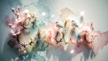 Emilia horizontal diseño 11 - Un delicado diseño de estilo acuarela digital que combina una tipografía de caligrafía personalizada para el nombre en tonos dorados y rosados suaves, adornada con pequeñas hojas y brotes. Un pajarito azul y naranja vibrante está posado en una de las letras. Todo está rodeado por un marco circular de ramas de cerezo en flor con delicadas flores rosadas y blancas. El fondo es un lavado de acuarela difuminado en tonos pastel suaves de azul cerceta, rosa rubor y melocotón sobre una textura de papel rugoso, con destellos luminosos y motas de luz bokeh flotando alrededor, creando una atmósfera mágica y soñadora. Las sombras suaves proyectadas añaden profundidad.