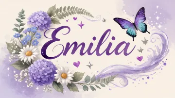 Emilia horizontal diseño 2 - Diseño elegante de hortensias en tonos lila y morados suaves, con volutas estilizadas y una mariposa mística que aporta un toque etéreo y mágico.