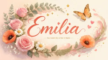 Emilia horizontal diseño 3 - Elegante composición de rosas rosadas y amapolas naranjas con mariposas doradas brillantes sobre un fondo cálido, romántico y mágico.